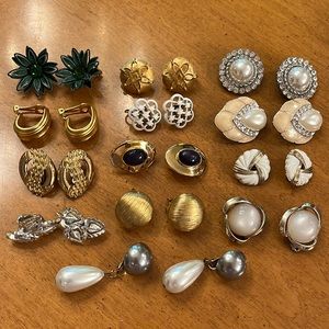 Huge lot vintage 13 clip on earrings Crown Trifari, Monet, Lisner, Coro, more